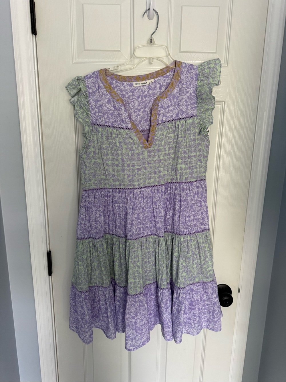Roller Rabbit Lavender and Sage Tiered Ruffle Dress with Gold Trim